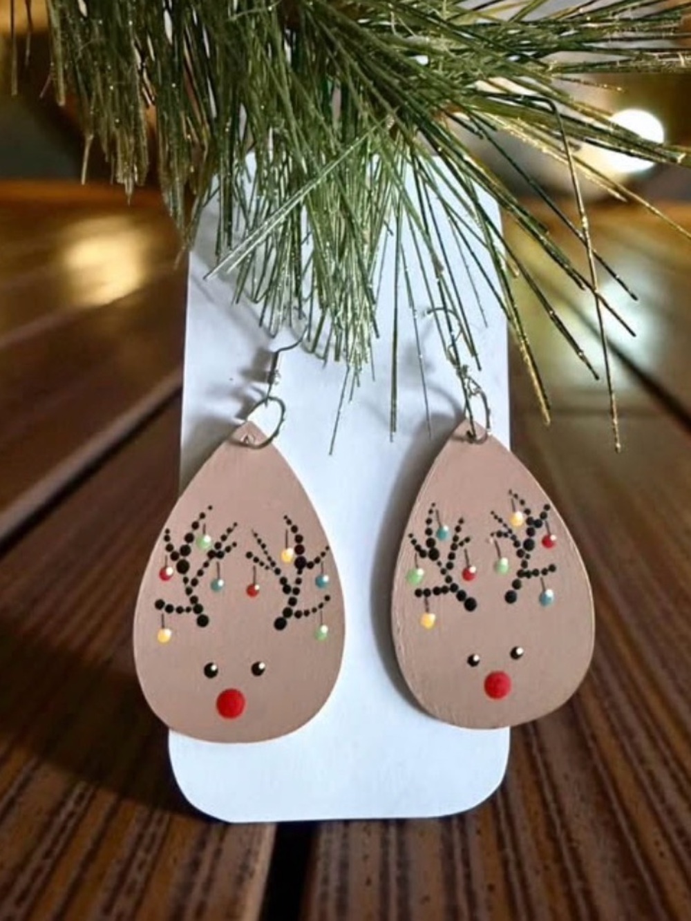 Hand Crafted teardrop reindeer earrings 2” hand painted OOAK!